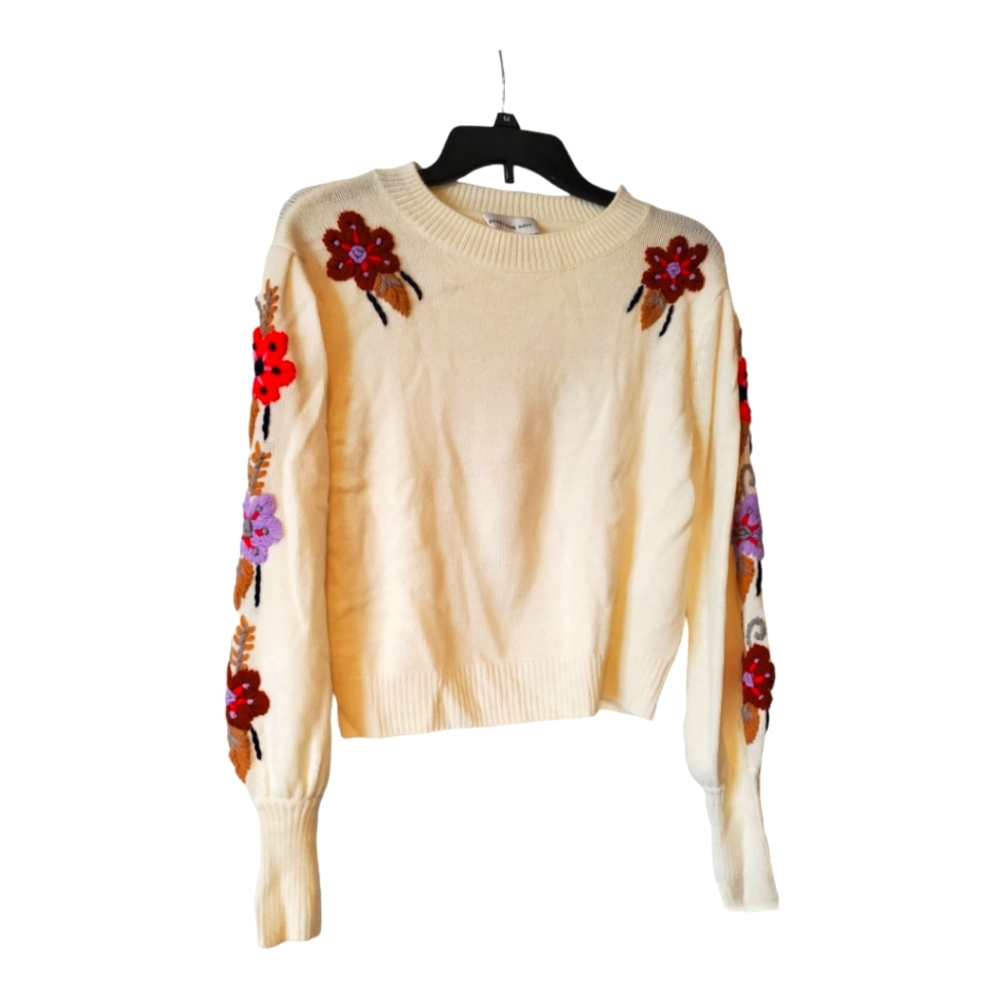 Something Navy wool sweater with embroidered flowers
